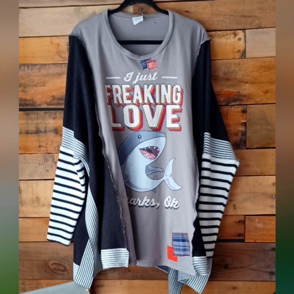 Upcycled Gray Shark Graphic Long Sleeve Top - Picture 10 of 12